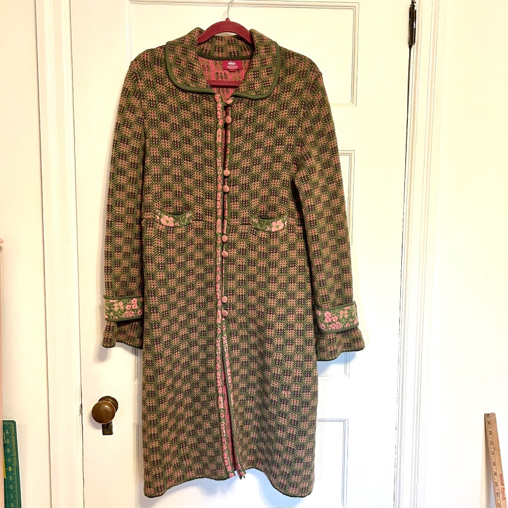 IVKO pink and green wool blend knit sweater coat M and 42” long
